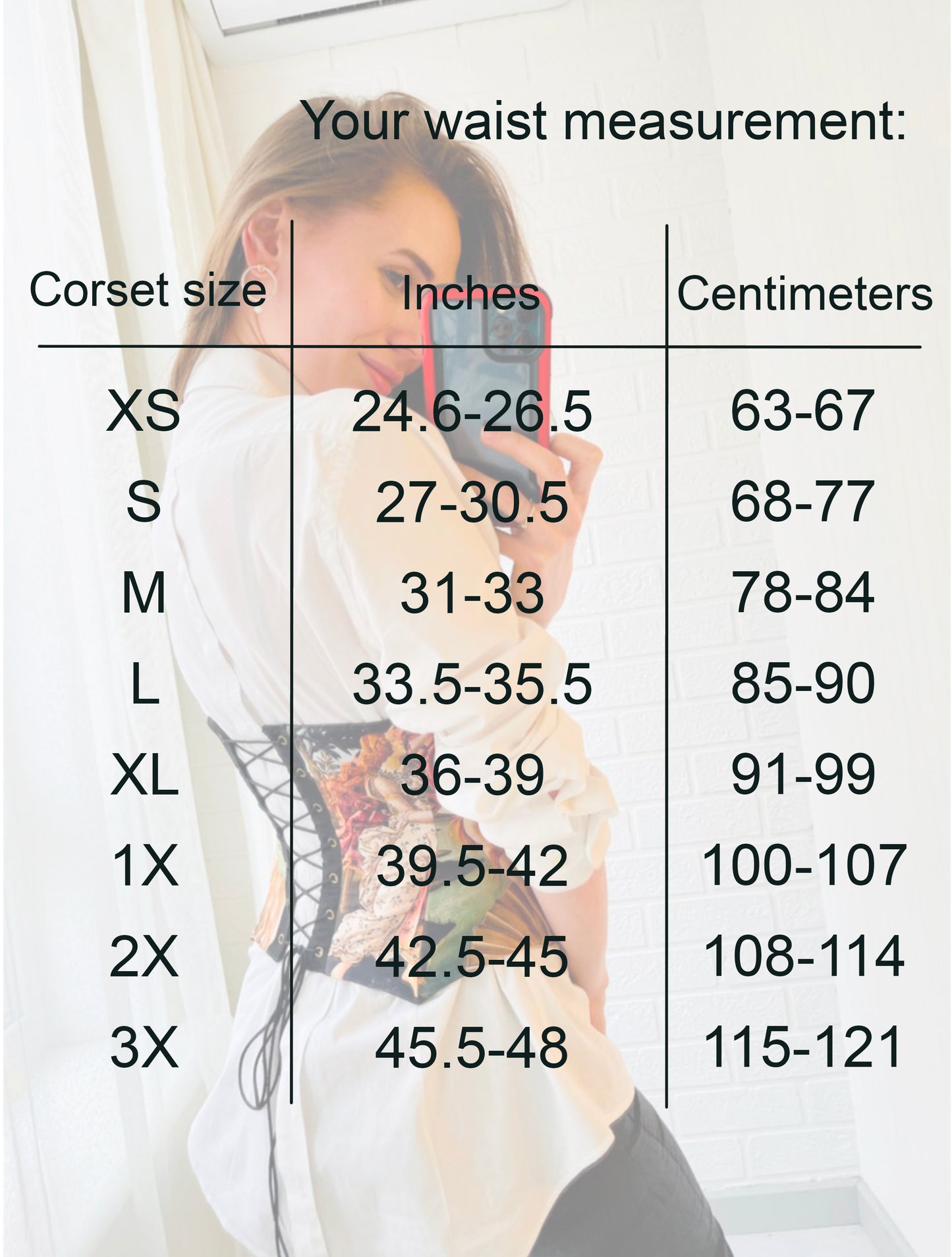 Corset size chart with waist measurement