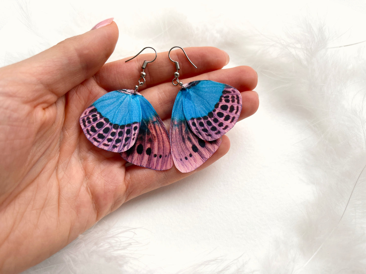Butterfly earrings in boho style hand made of silk lightweight and big in the same time, perfect gift for anyone who loves butterflies and moths, earrings in boho chic style with silk butterfly wings eco friendly and sustainable hand made of silk
