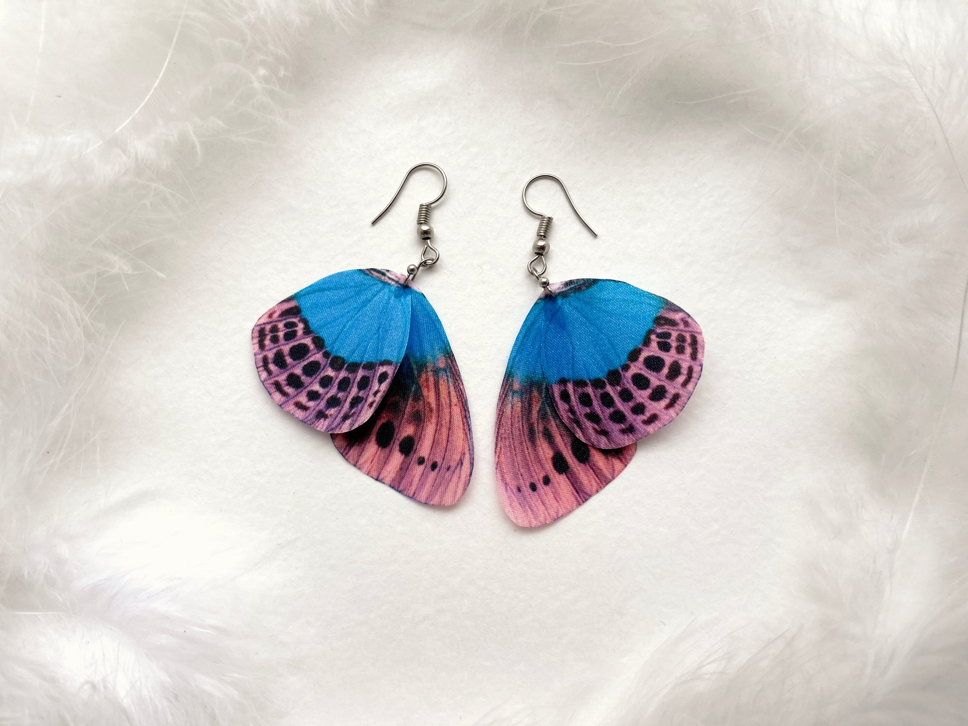 Unique butterfly earrings with pink and leopard spots