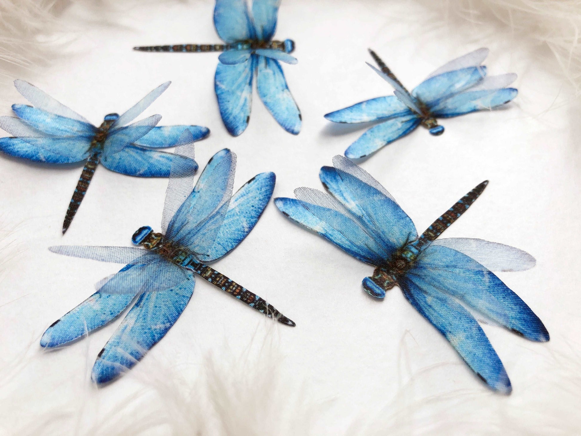 5 Faux Dragonflies on White Feathers Background