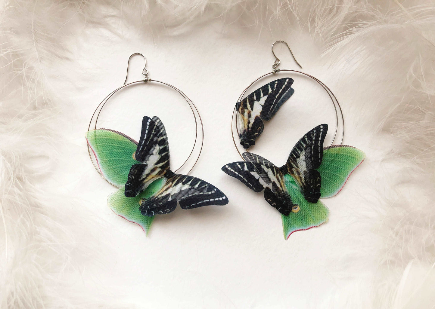 Detailed Shot of Handmade Luna Moth Double Hoop Earrings on White Background