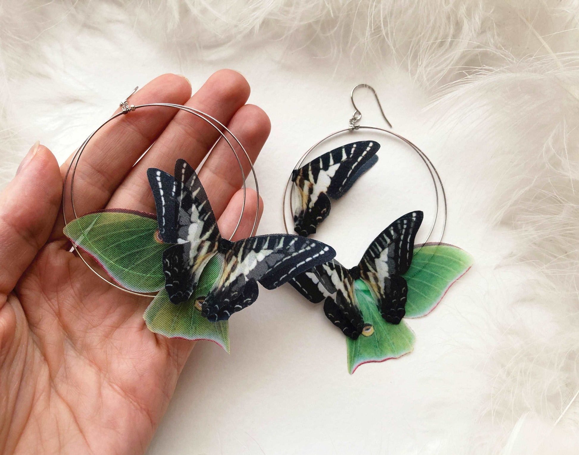 Boho Chic Luna Moth Double Hoop Earrings Handmade with Silver
