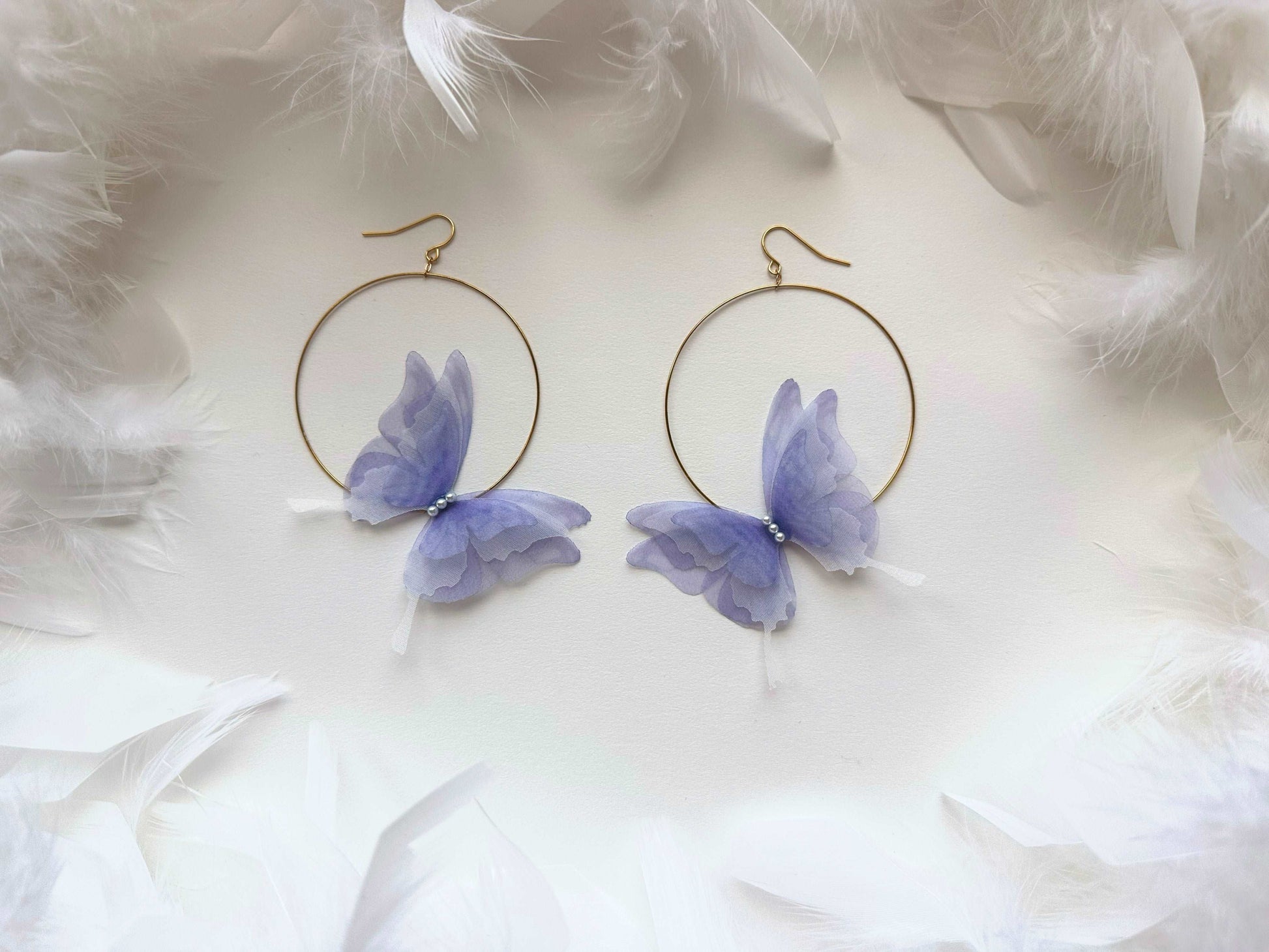Thin hoop earrings with organza butterflies