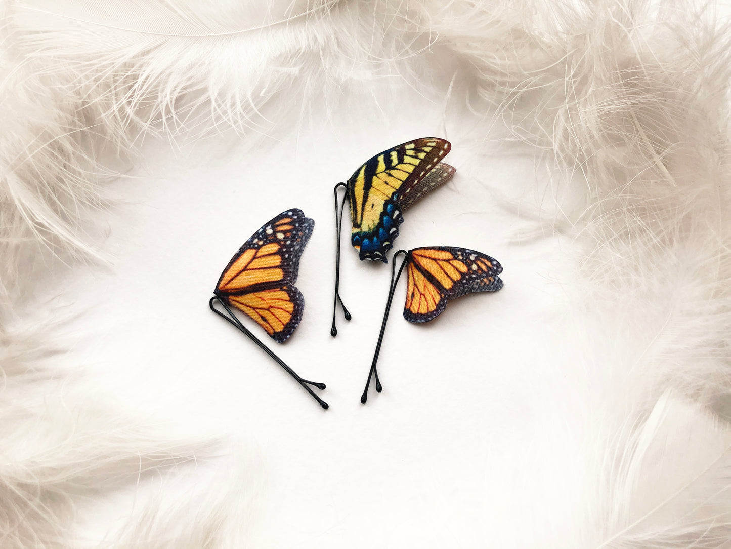Set of Boho Chic Hairpins with Monarch and Swallowtail Butterflies - Silk Butterflies