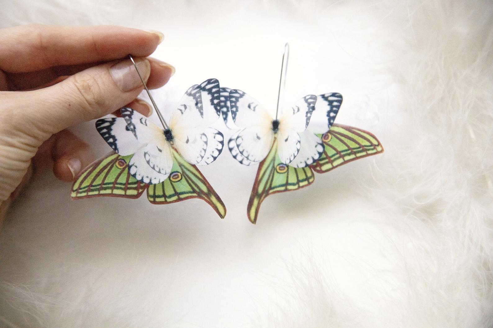 Ivory butterfly earrings with delicate lunar moth charm