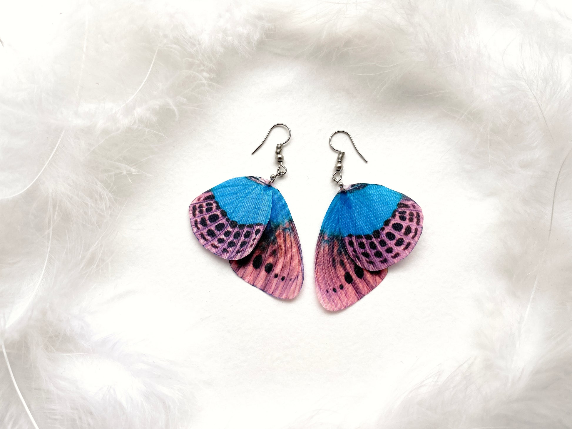 Pink leopard butterfly wings earrings