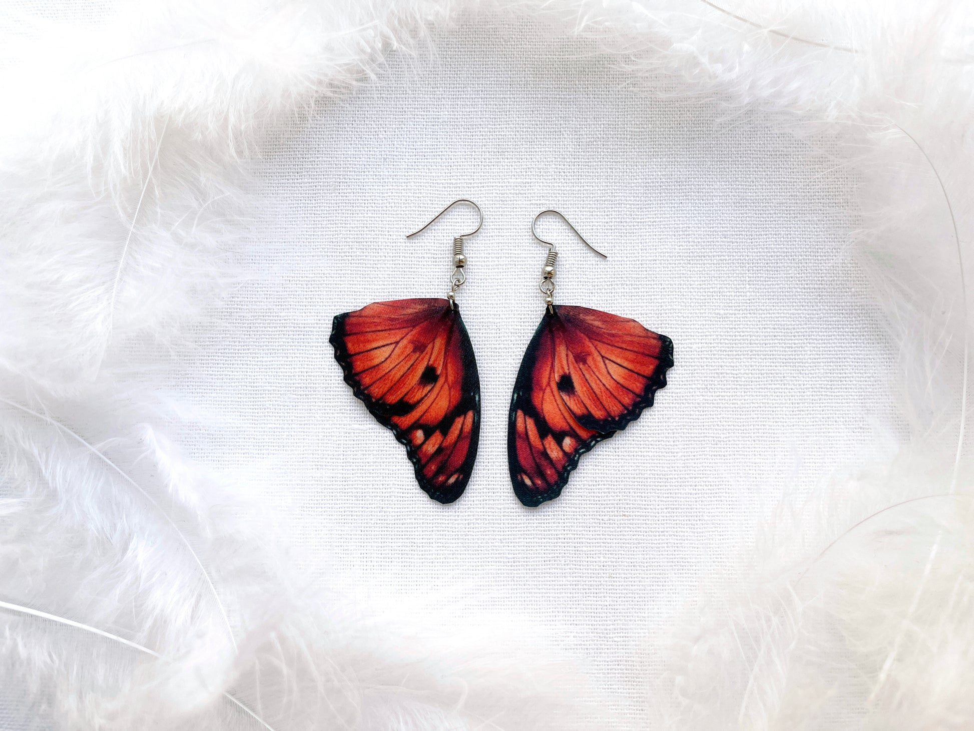 Pink Red Butterfly Earrings on White Background