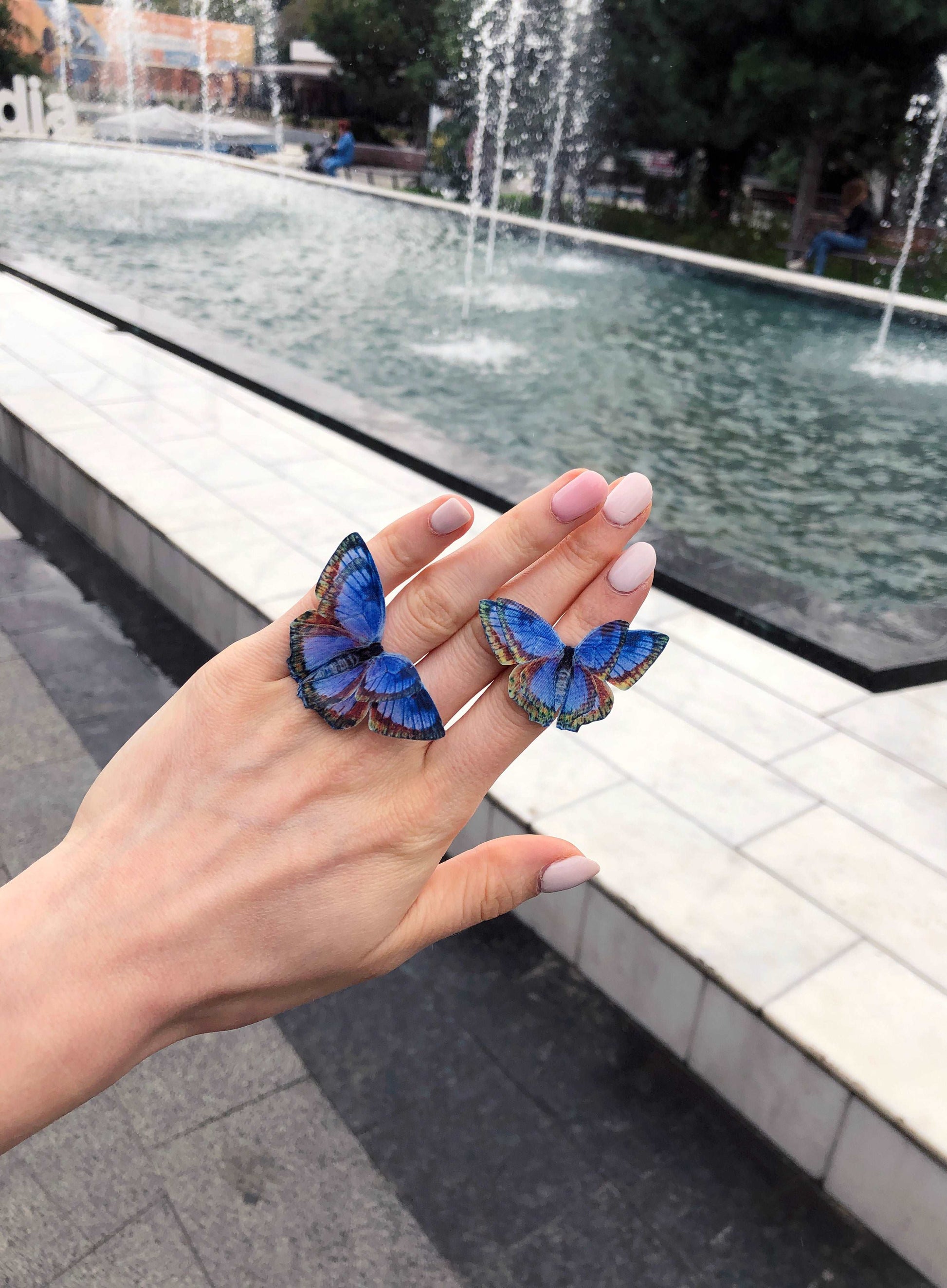 Indigo Blue Butterfly Ring - Handcrafted Insect Jewelry with Faux Silk Butterfly on Natural Background, Statement Ring for Entomology Enthusiasts