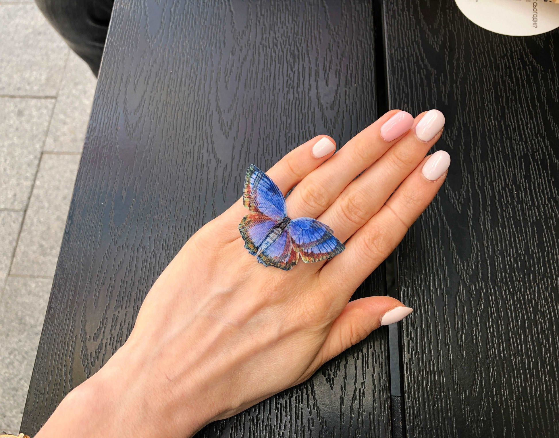 Indigo Blue Butterfly Ring - Handcrafted Insect Jewelry with Faux Silk Butterfly, Adjustable Ring for Nature-Inspired Style