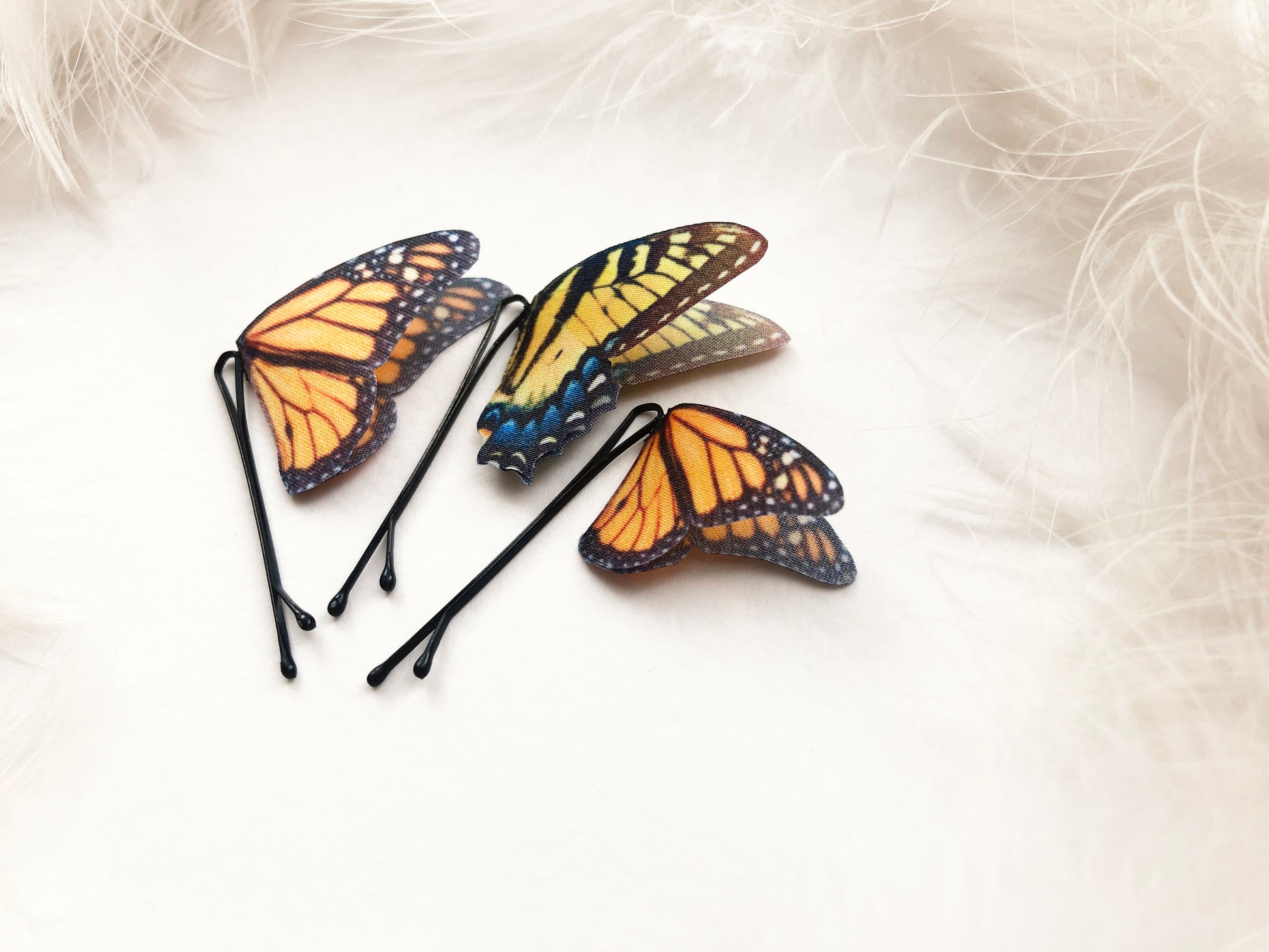 Set of Boho Chic Hairpins with Monarch and Swallowtail Butterflies - Silk Butterflies