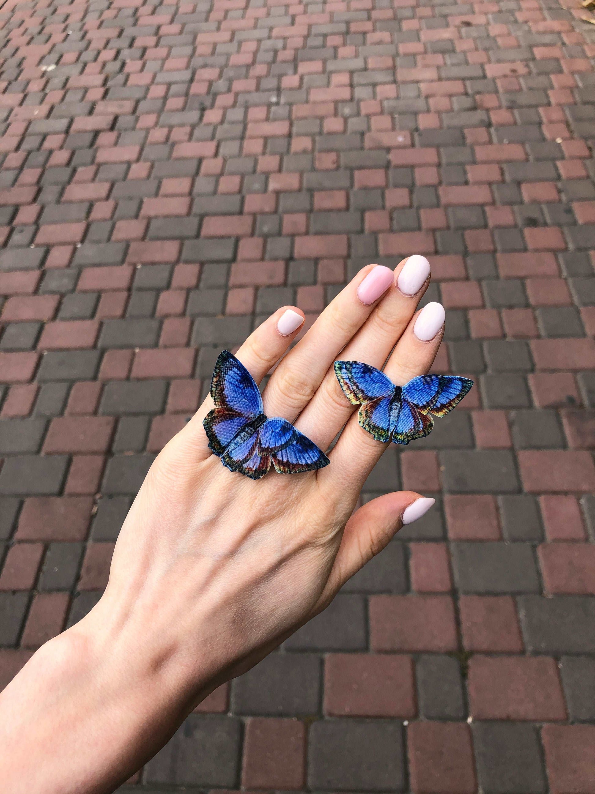 Faux Silk Indigo Blue Butterfly Detail on Handcrafted Adjustable Ring - Nature-Inspired Insect Jewelry for Boho Style Lovers
