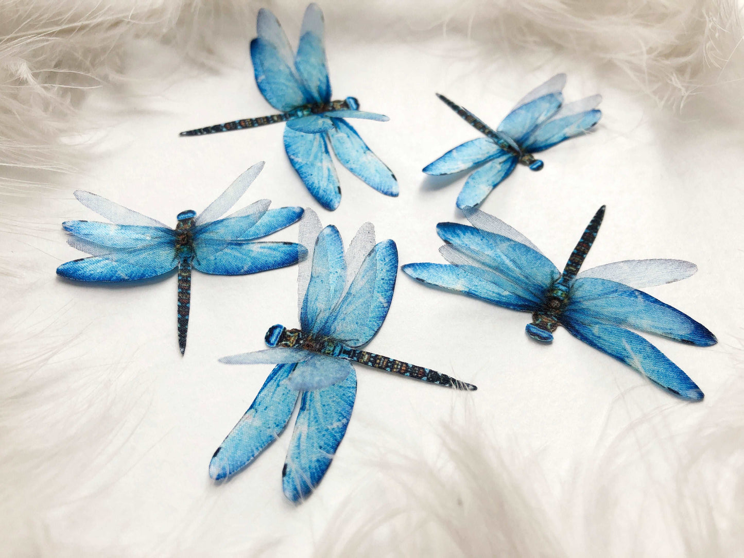 5 Handmade Blue Dragonflies on White Background with Grey Feathers
