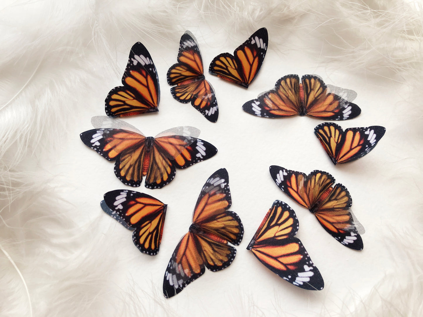 10 Monarch Butterflies Handmade of Silk on White Background