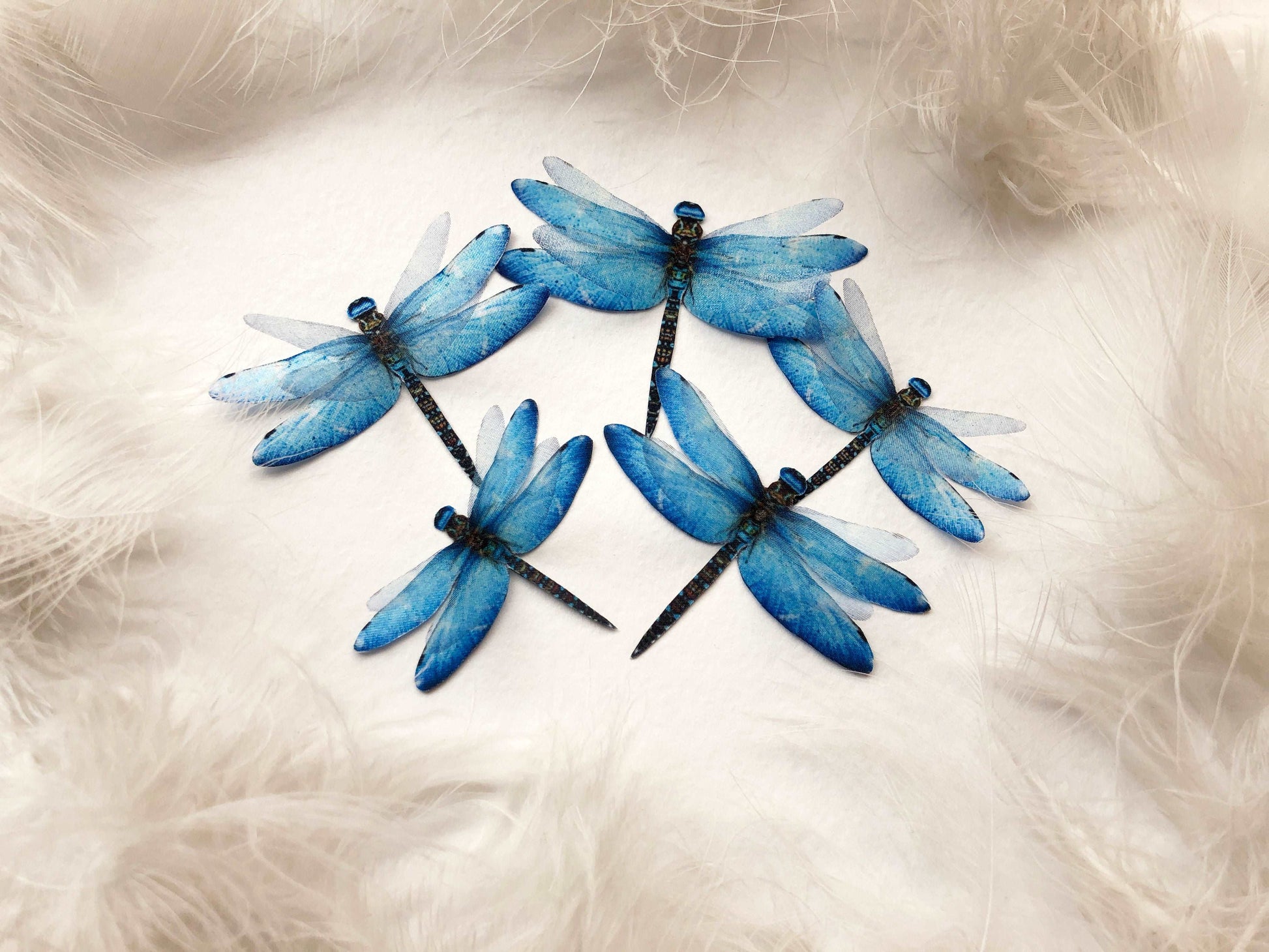 5 Faux Dragonflies in Blue Color on White Background with White Feathers