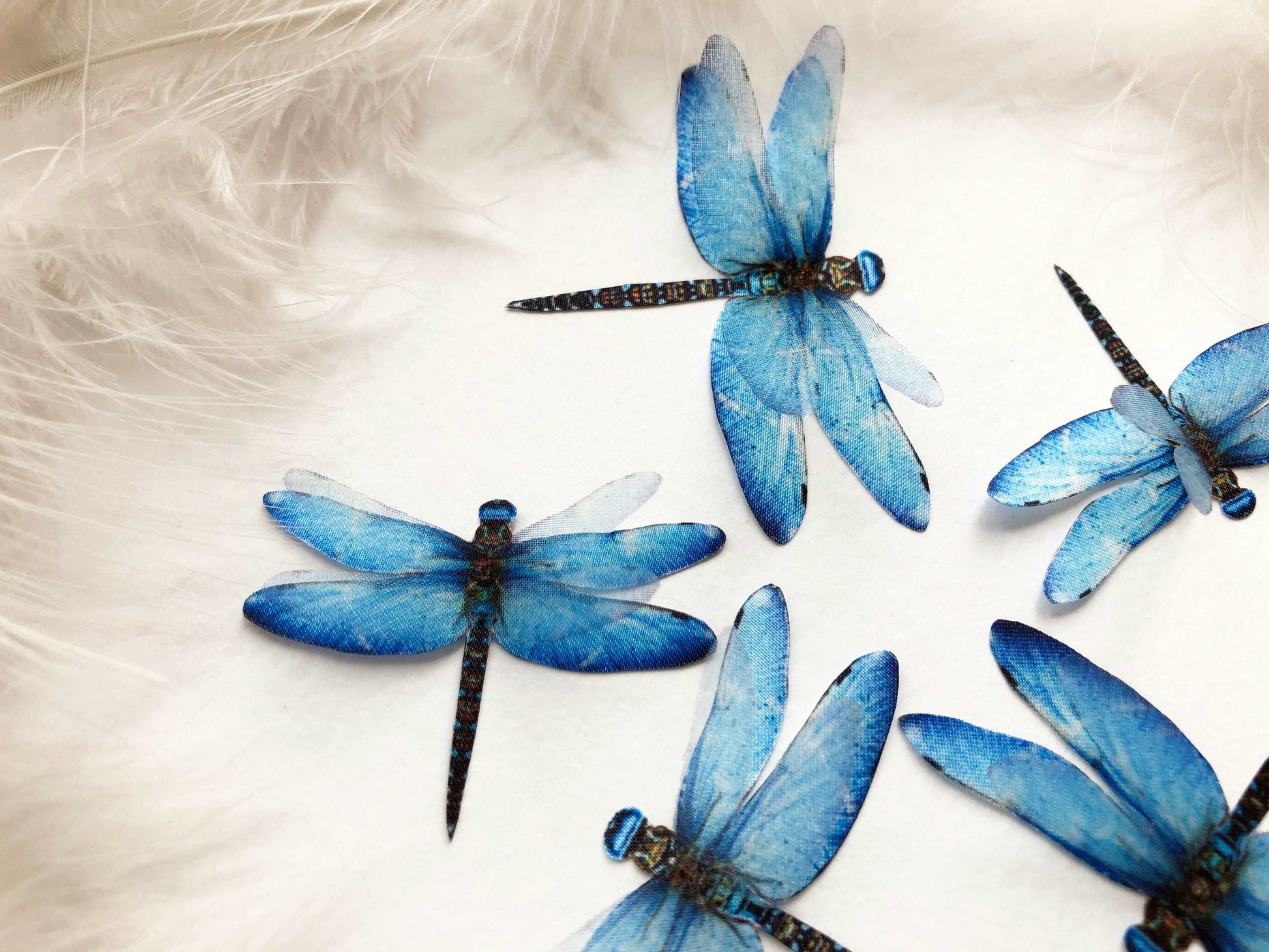 5 3D Faux Dragonflies in Blue Color Handmade of Silk on White Background with Feathers