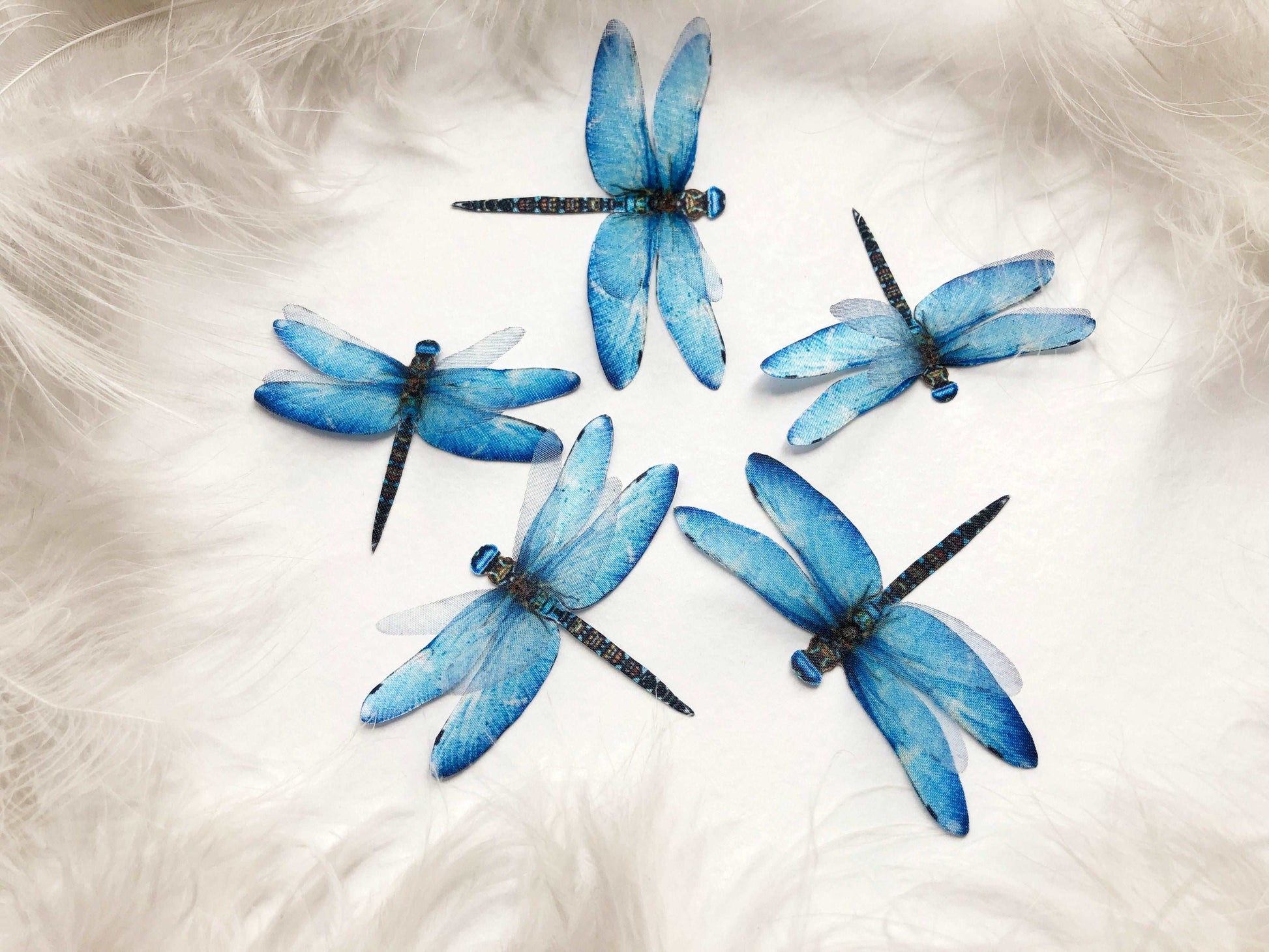 5 Blue Dragonflies in Shape of Star on White Background with Feathers