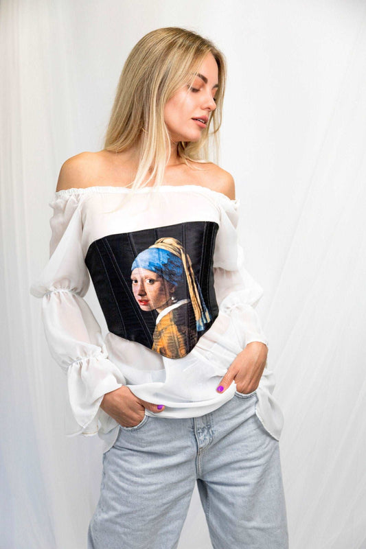 Black corset top inspired by Johannes Vermeer Girl with a Pearl Earring&quot; painting, front view.