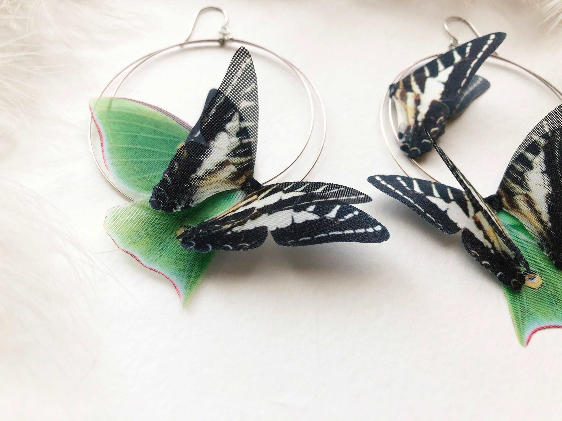 Elegant Luna Moth Earrings with Silver Hoops, Perfect for Nature Lovers