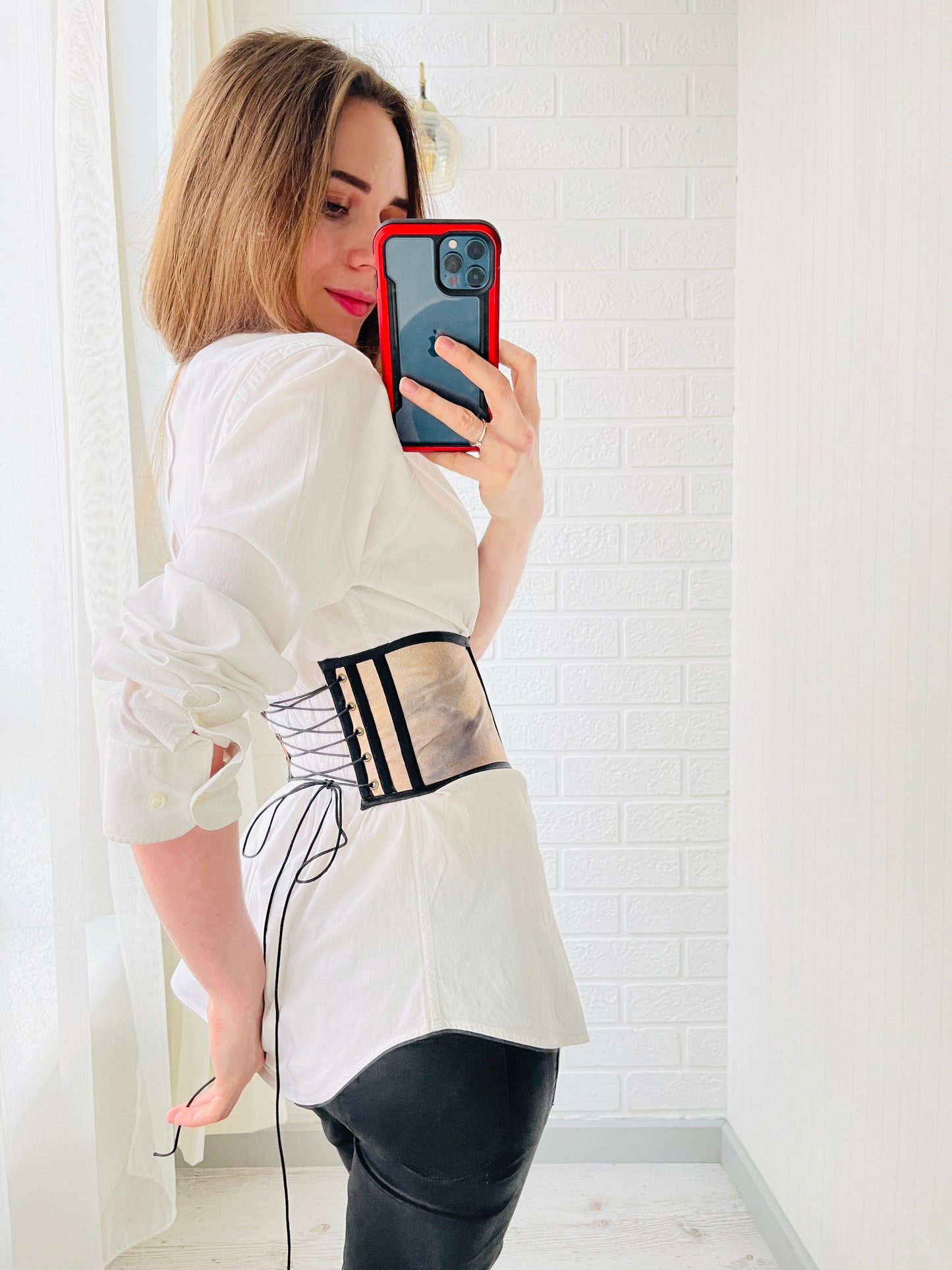 Sistine Madonna Inspired Corset Belt on Model - Side View