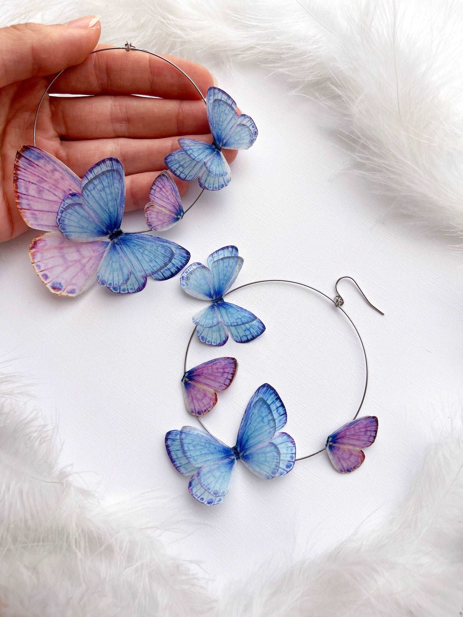 Handmade Aesthetic Earrings with Faux Butterflies on White Background