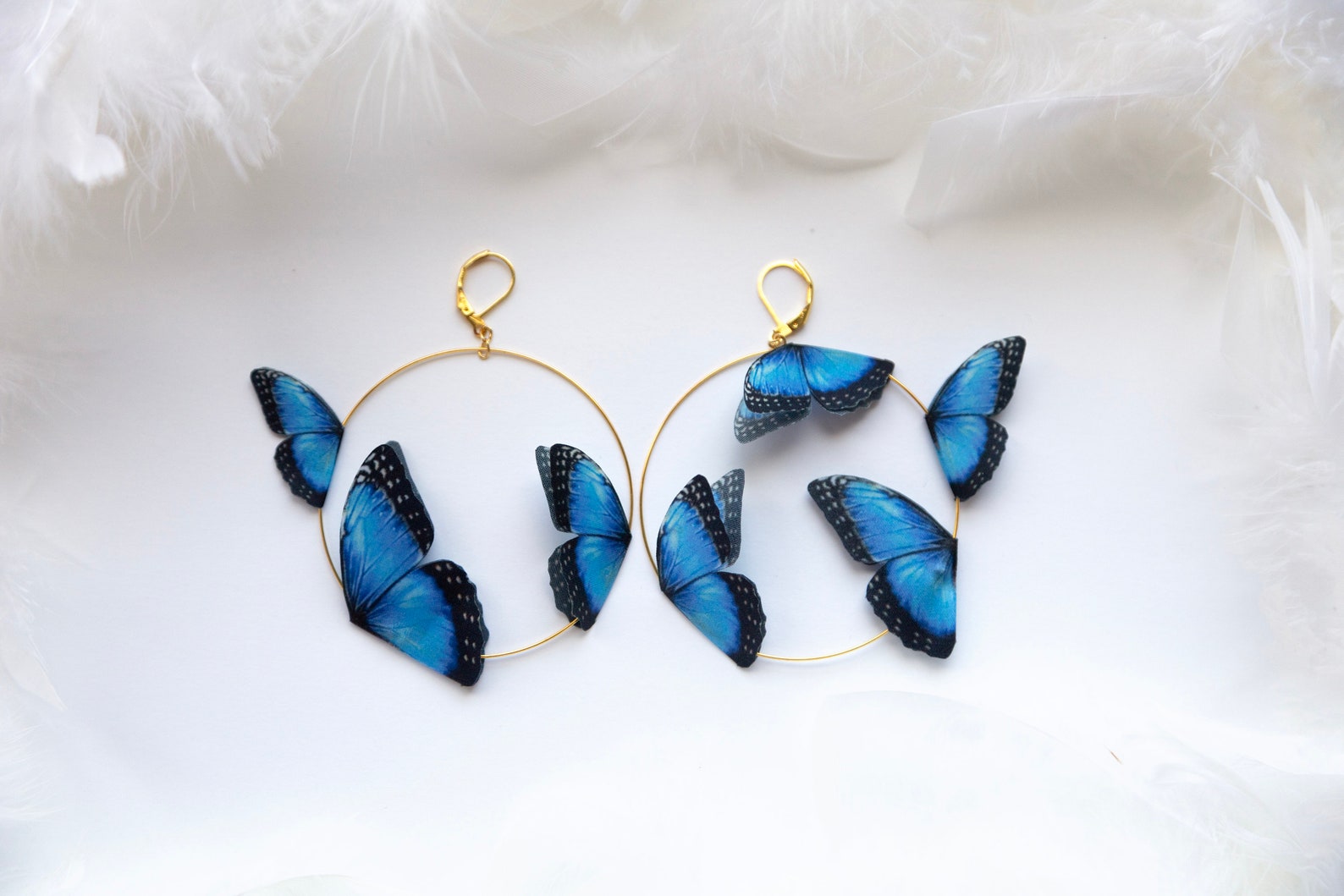 Sapphire blue butterfly hoop earrings on white background