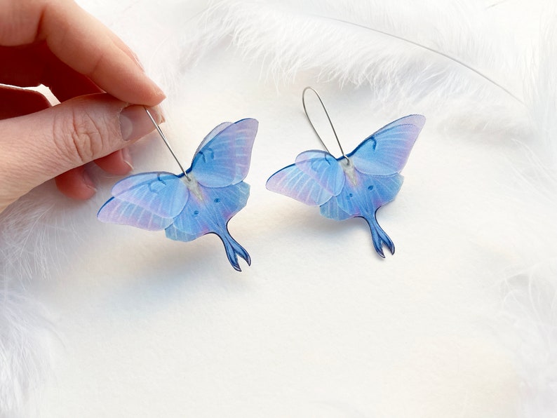 Moon luna moth earrings with 3D wings hand made of silk with unique blue orchid color perfect compliment gift for prom or any moth lover