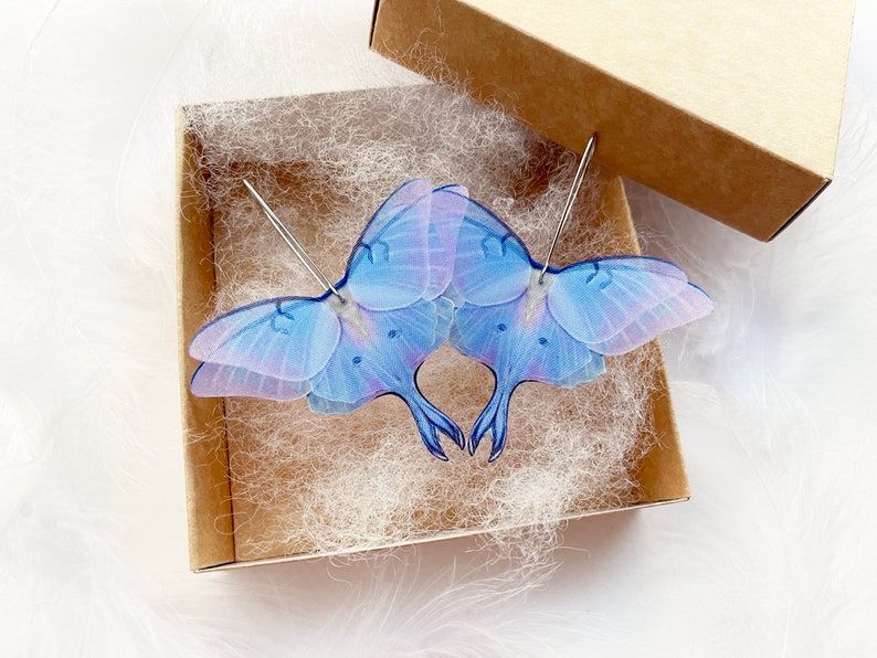 Moon luna moth earrings with 3D wings hand made of silk with unique blue orchid color perfect compliment gift for prom or any moth lover