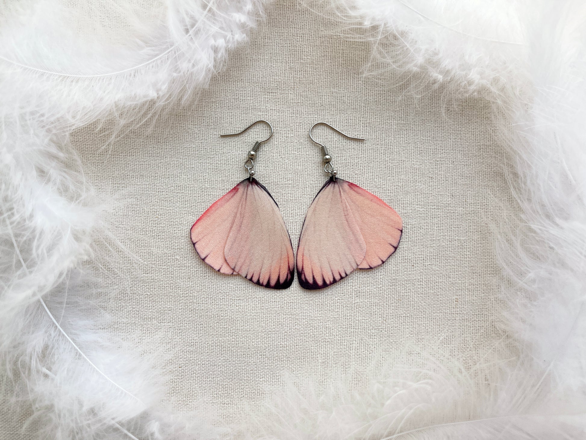 Cute Pink Earrings with Faux Butterfly Wings - close-up
