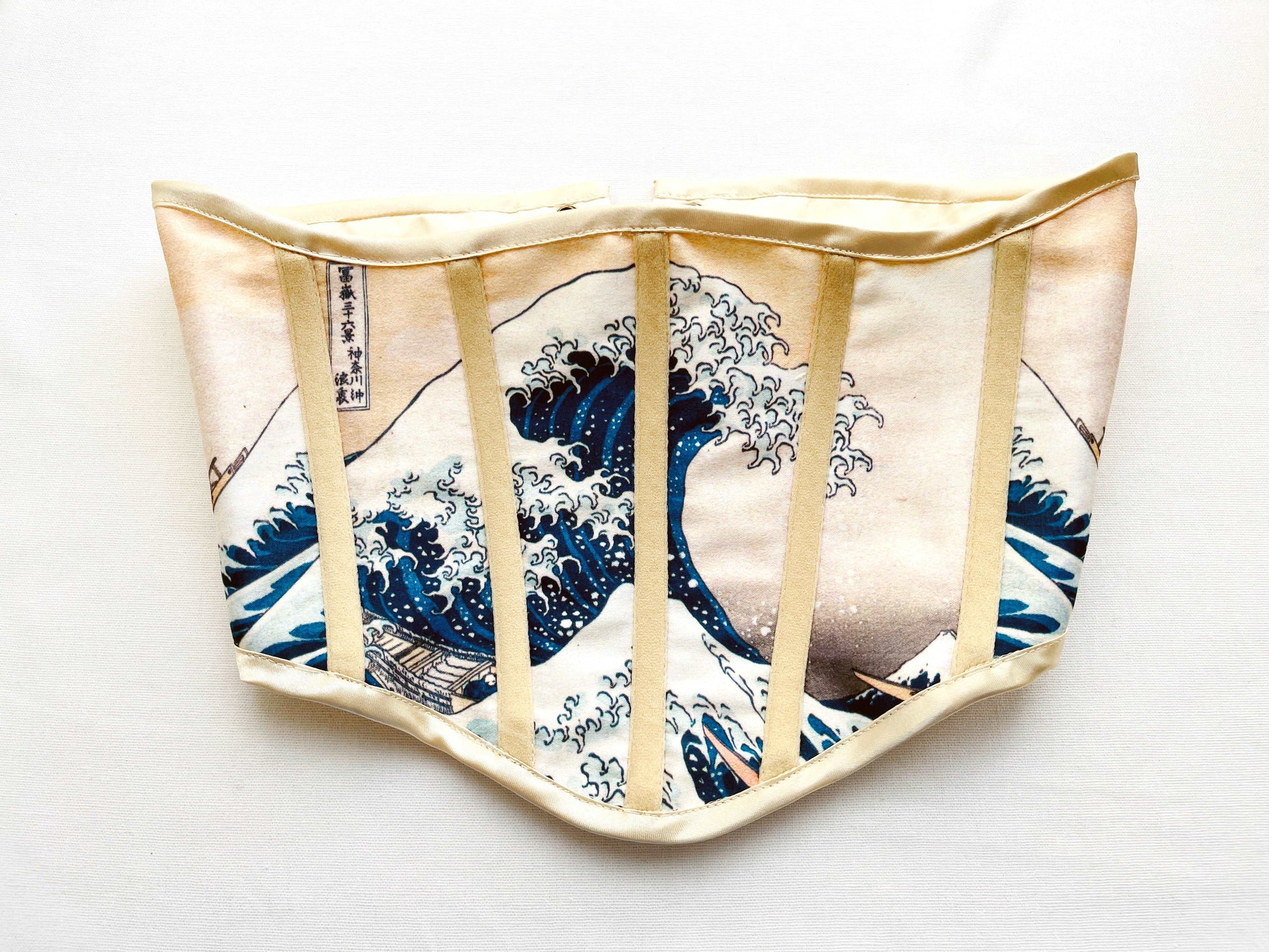 Front view of the Handmade Vintage Under Bust Corset - The Great Wave off Kanagawa on a white background.