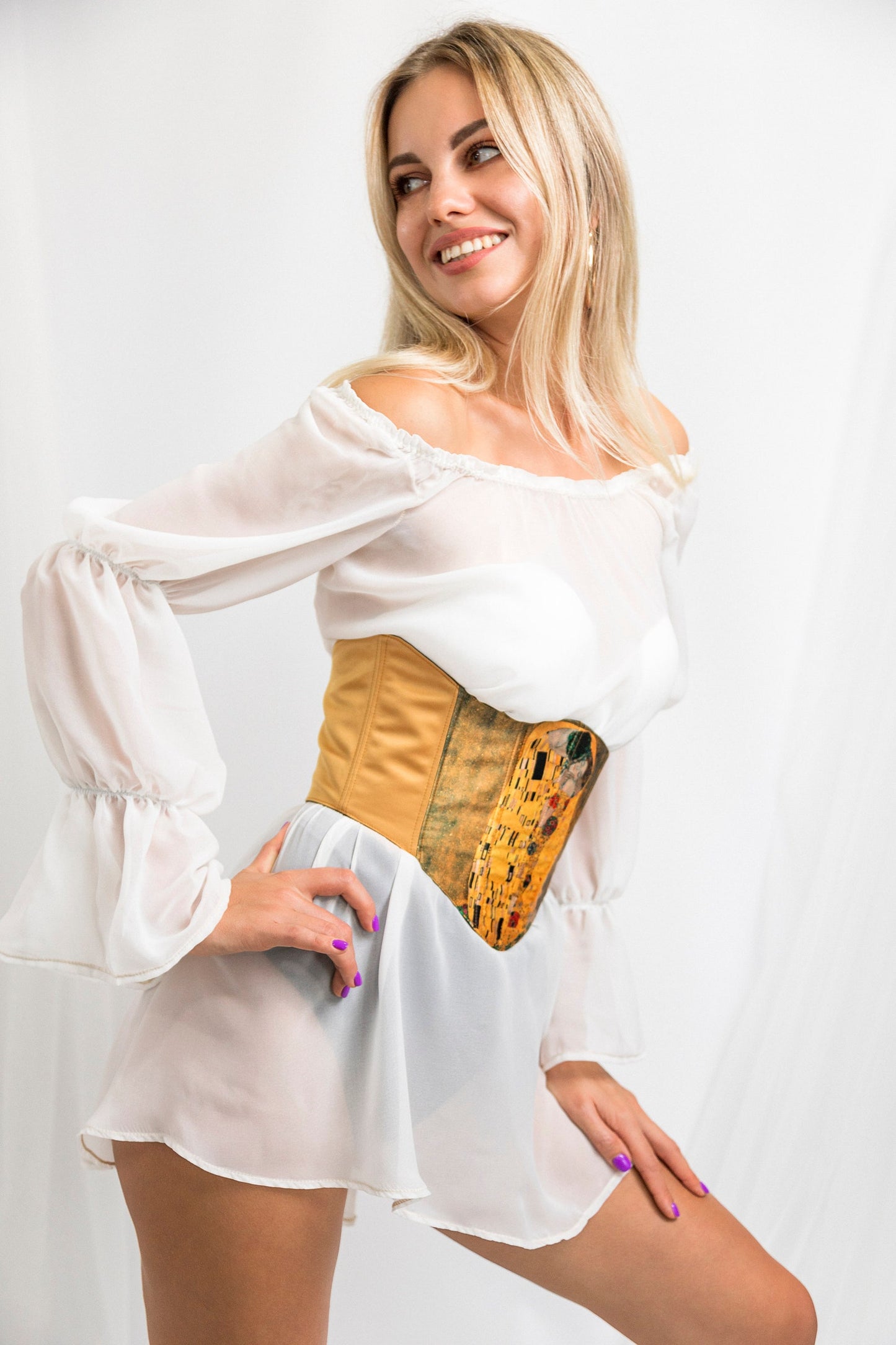 Handmade underbust corset belt inspired by Klimt The Kiss front view